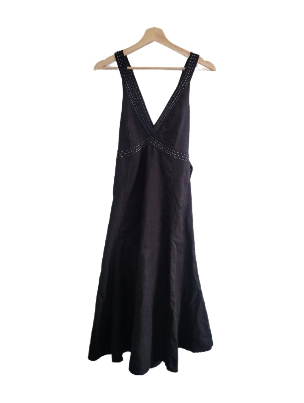 ZARA Black V-Neck Midi Dress Crossback Tie Waist Size S Linen Blend